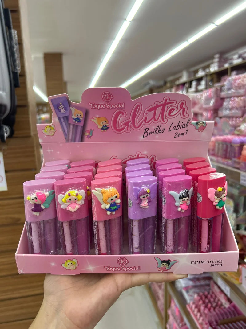 BOX BRILHO LABIAL GLITTER 2 EM 1 C/24 UNIDADES TOQUE ESPECIAL